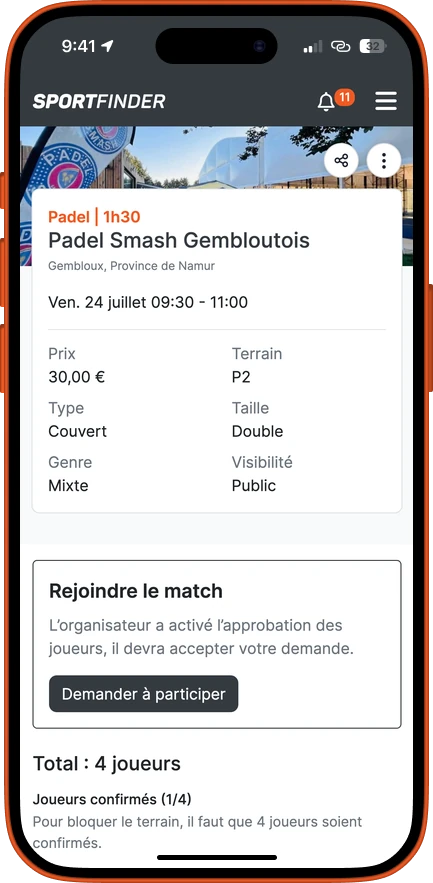 Écran de l’app : la fiche du match avec le bouton « Demander à participer », l’approbation des joueurs est activée.