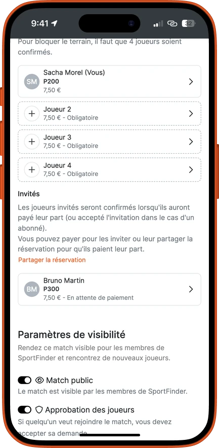 Écran de l’app : la liste des joueurs du match, la demande acceptée apparaît en attente de paiement.