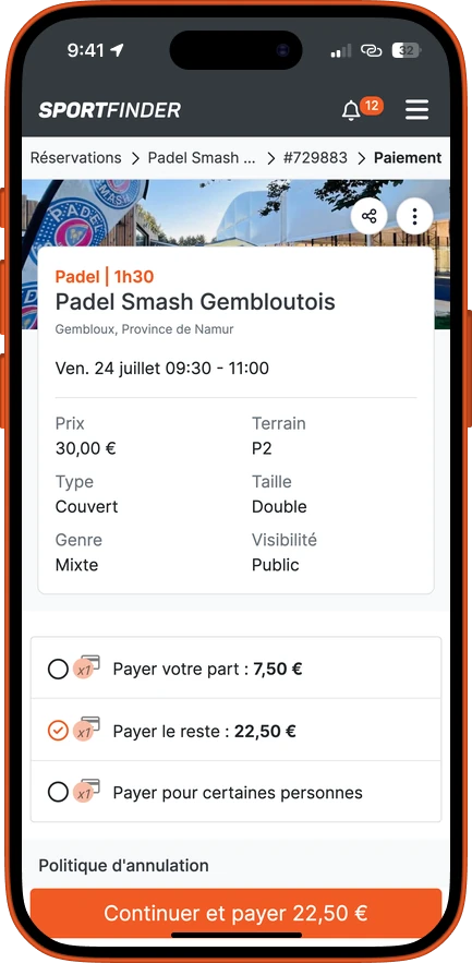 Écran de l’app : les options de paiement du joueur qui rejoint — payer sa part, payer le reste ou payer pour certaines personnes.