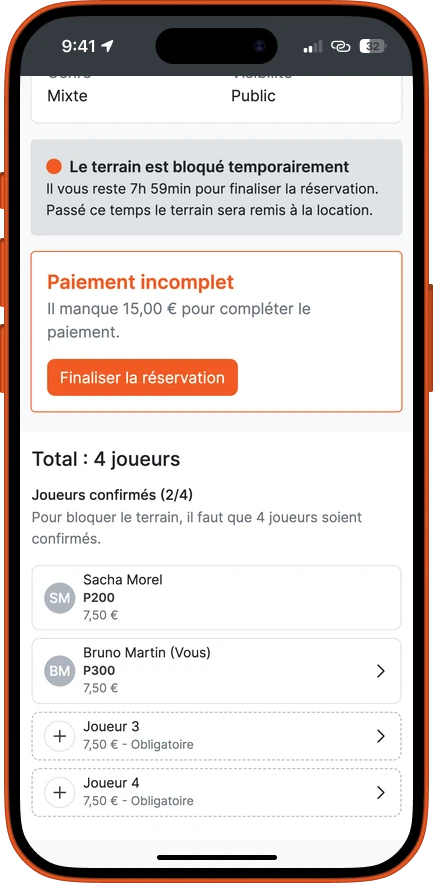 Écran de l’app : deux joueurs confirmés sur quatre, deux places encore à compléter.
