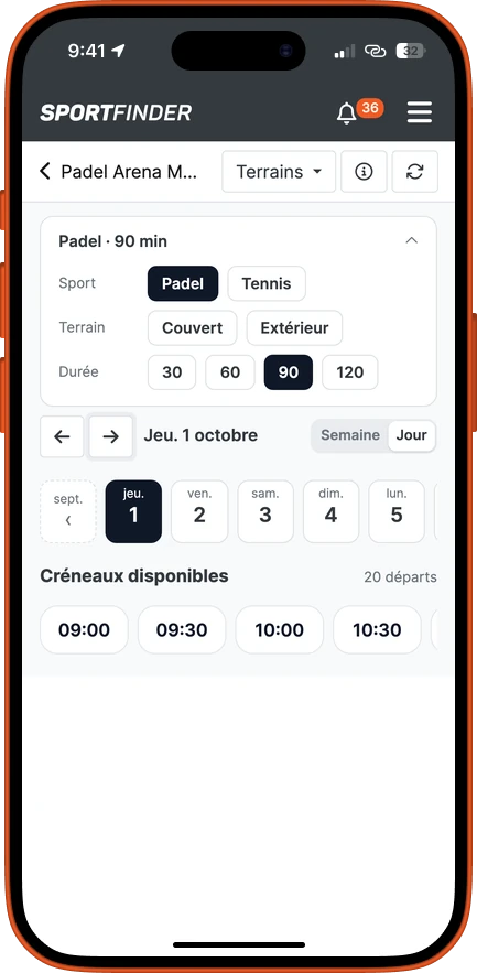 Écran de l'app : la vue d'un jour, avec la bande des jours du mois et les heures de départ disponibles