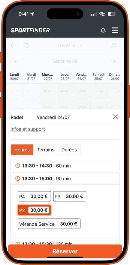 Le choix de l’heure, de la durée et du terrain, avec le tarif affiché