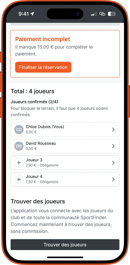 La liste des joueurs : deux abonnés à 0 €, deux places restantes avec leur part à payer