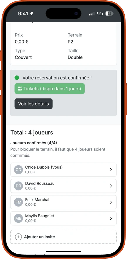 La réservation confirmée à 0 €, avec le terrain attribué et les tickets d’accès à venir