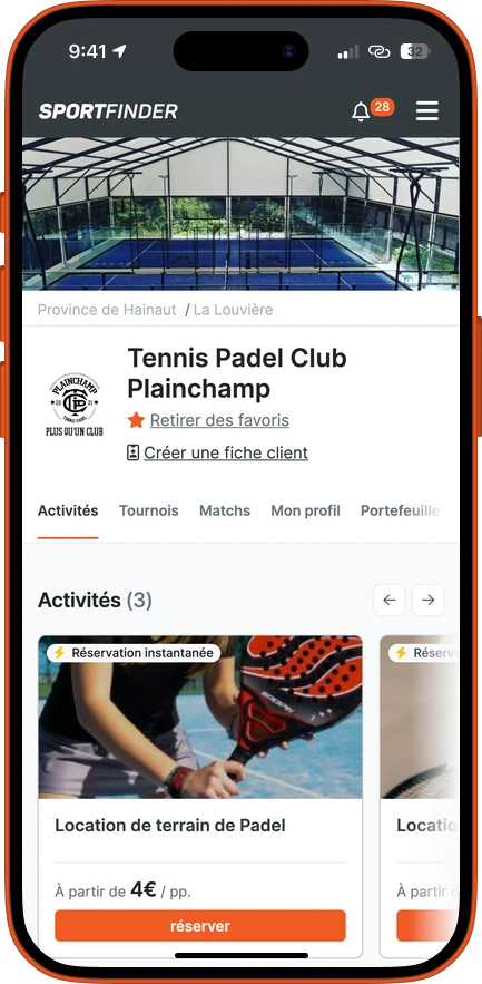 L'application SportFinder sur iPhone : la page du Tennis Padel Club Plainchamp et ses activités réservables