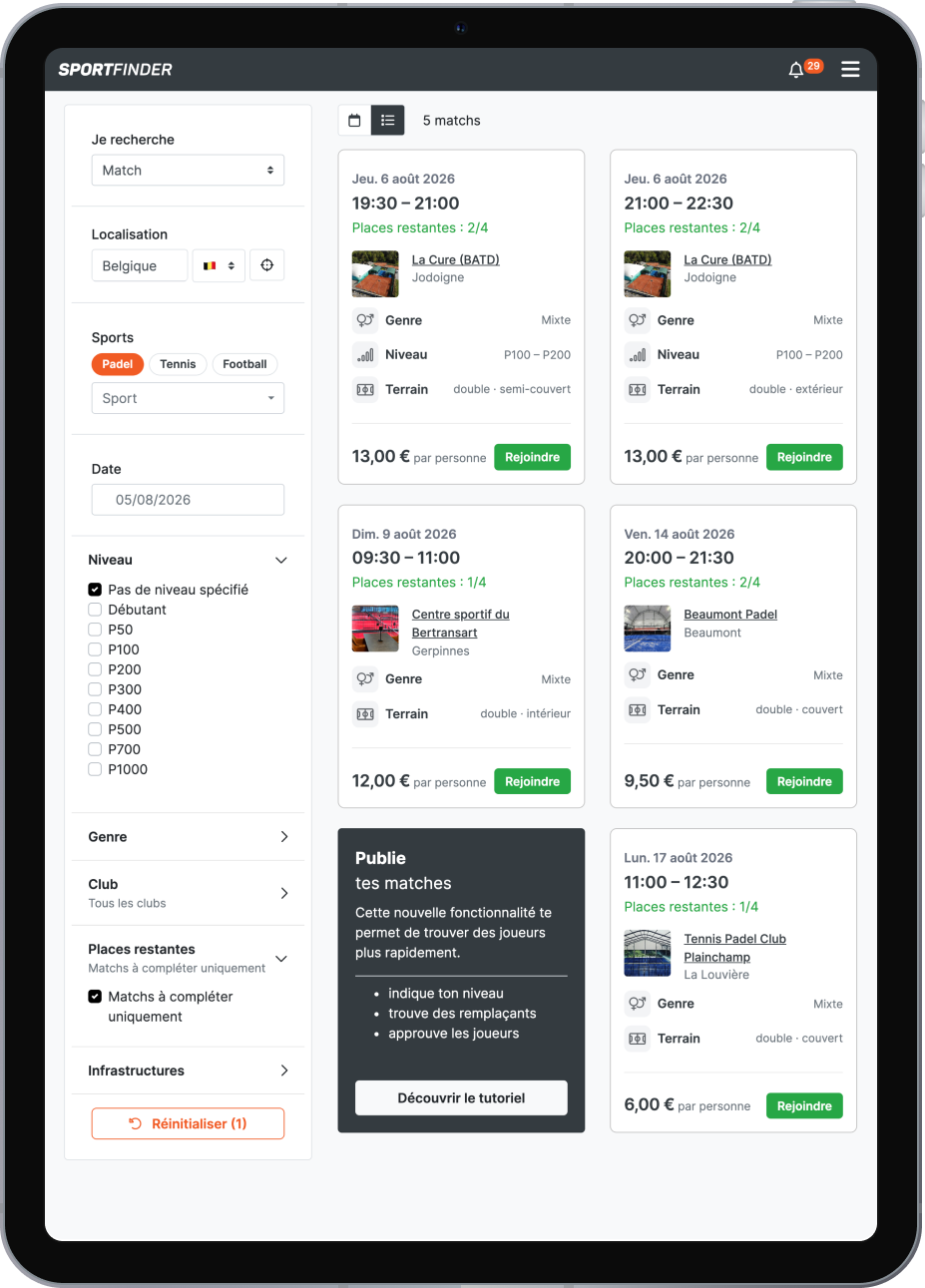 L'annuaire des matchs publics SportFinder sur iPad : filtres par niveau et genre, places restantes, prix par personne et bouton Rejoindre