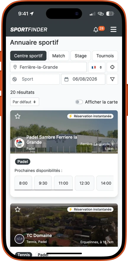 L'annuaire sportif dans l'application SportFinder : recherche par ville et par sport, clubs avec réservation instantanée et prochaines disponibilités