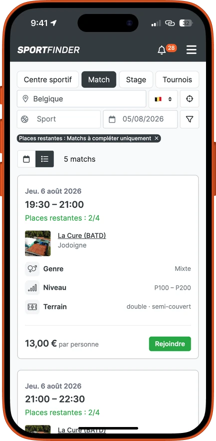 La liste des matchs à compléter dans l’application SportFinder, avec les places restantes, le niveau et le prix par personne