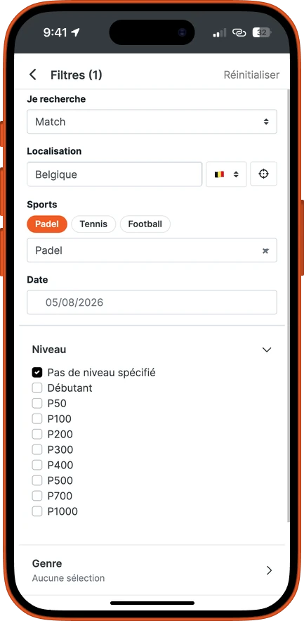 Le panneau de filtres de l’application SportFinder : sport, localisation, date, niveau de P50 à P1000, genre