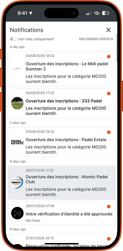 Le centre de notifications de l'application SportFinder : ouvertures d'inscriptions aux tournois, vérification d'identité approuvée, réservation confirmée