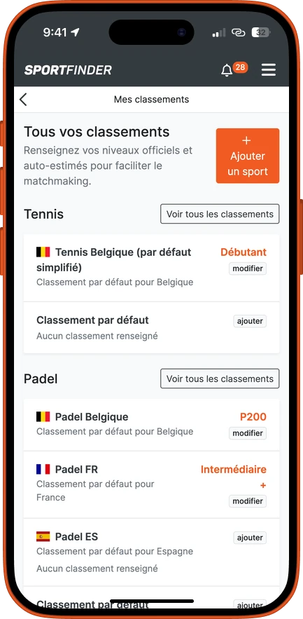 L’écran des classements dans l’application SportFinder : classements officiels et auto-estimés, par sport et par pays
