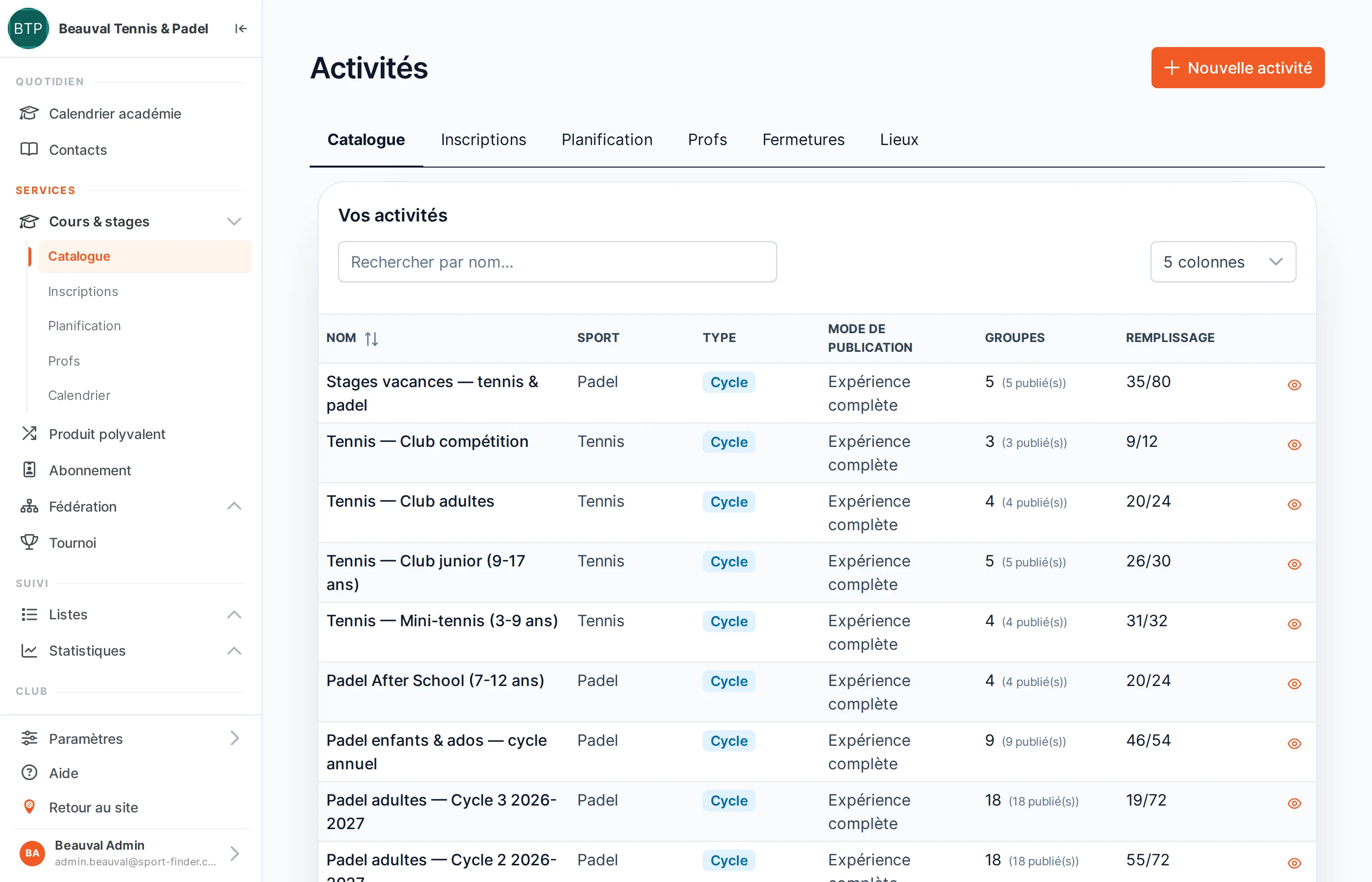 Le catalogue d'activités dans SportFinder : dix activités tennis et padel, avec leur type, leur nombre de groupes et une colonne remplissage
