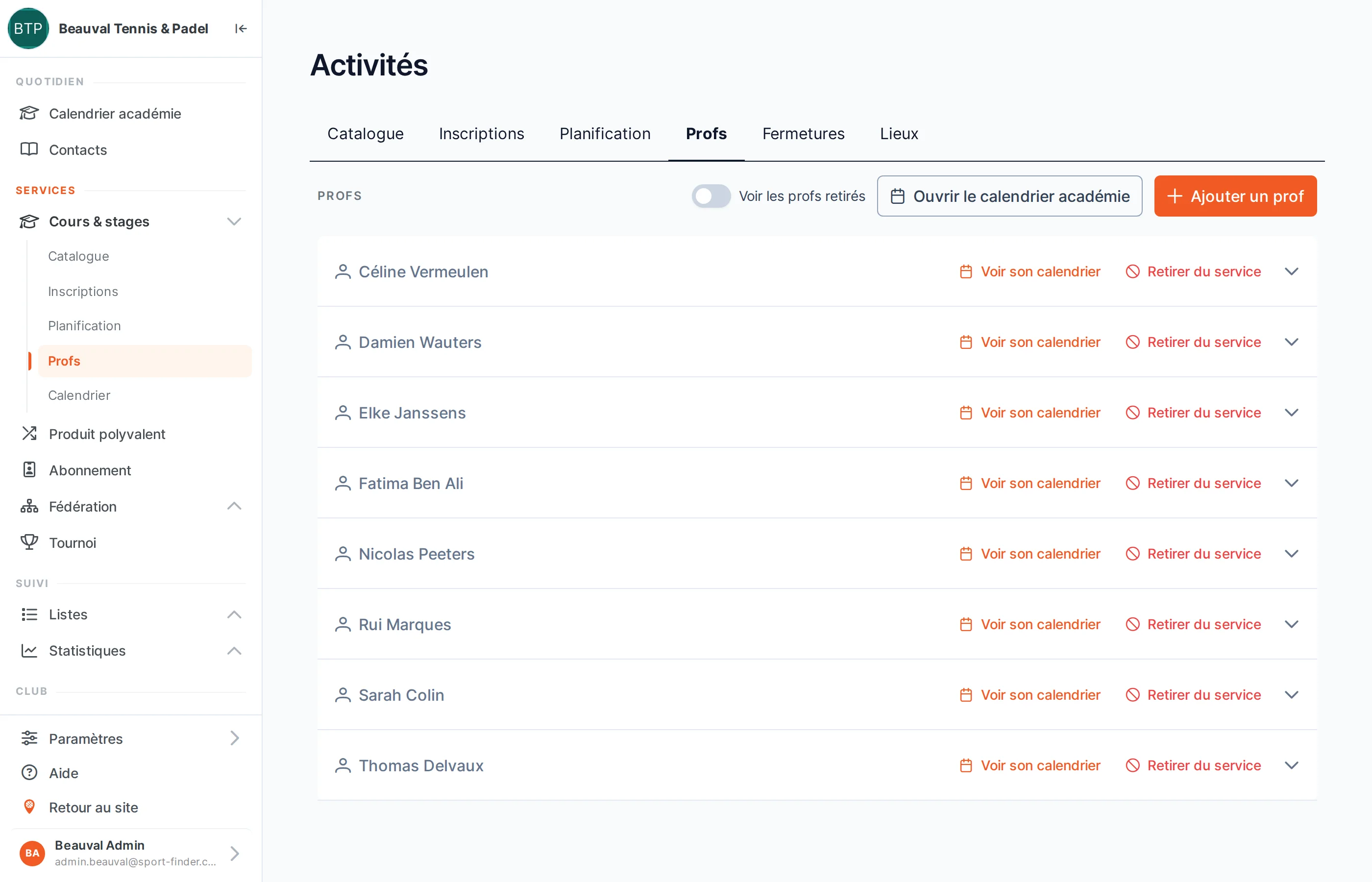 La liste des profs d’une académie dans SportFinder, avec un accès direct au calendrier de chacun