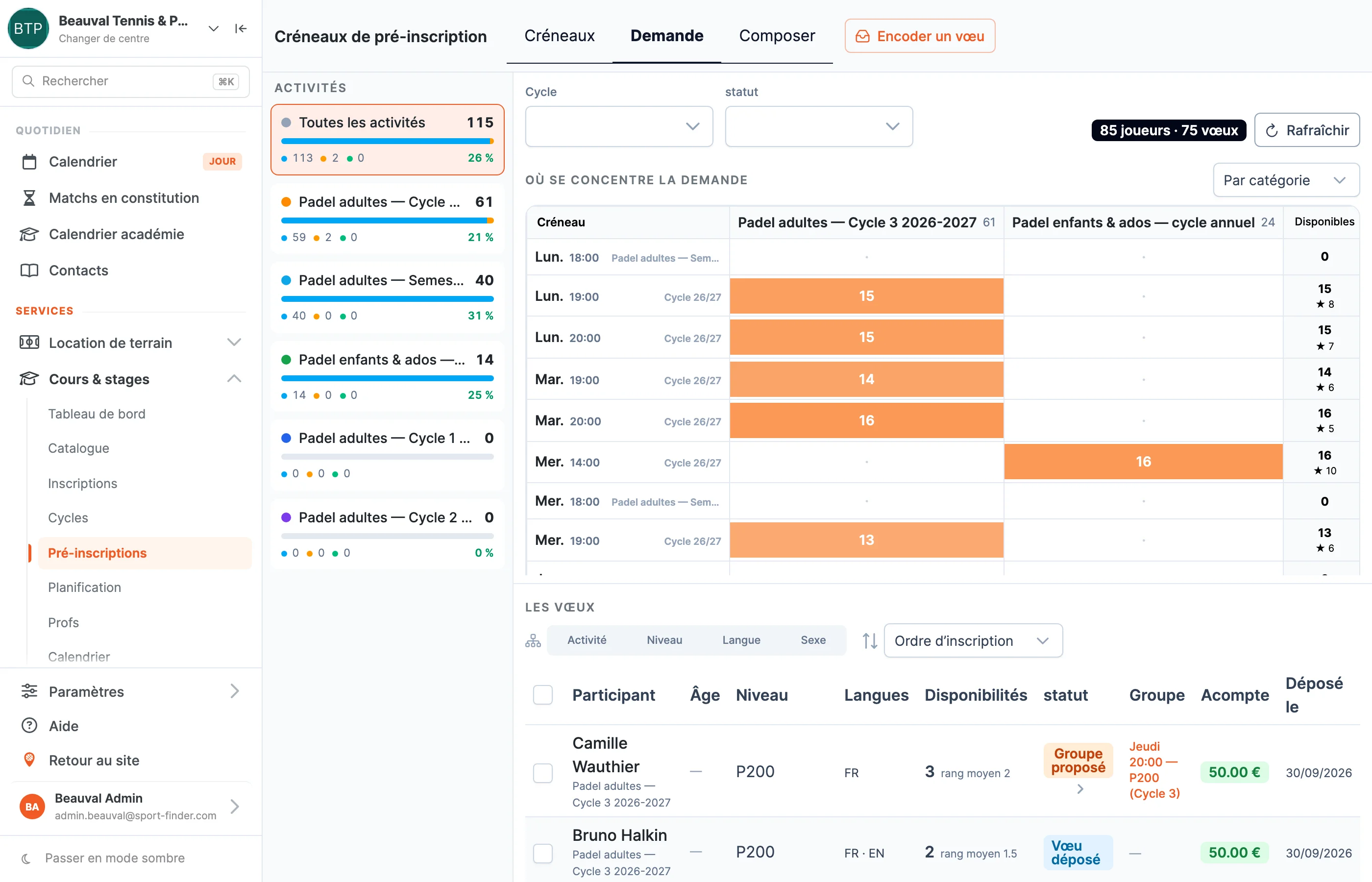 La demande de pré-inscription dans SportFinder : une grille qui croise les créneaux de la semaine et les catégories, colorée selon le nombre de joueurs qui veulent chaque créneau, et la liste des vœux avec niveau, langues, disponibilités et acompte