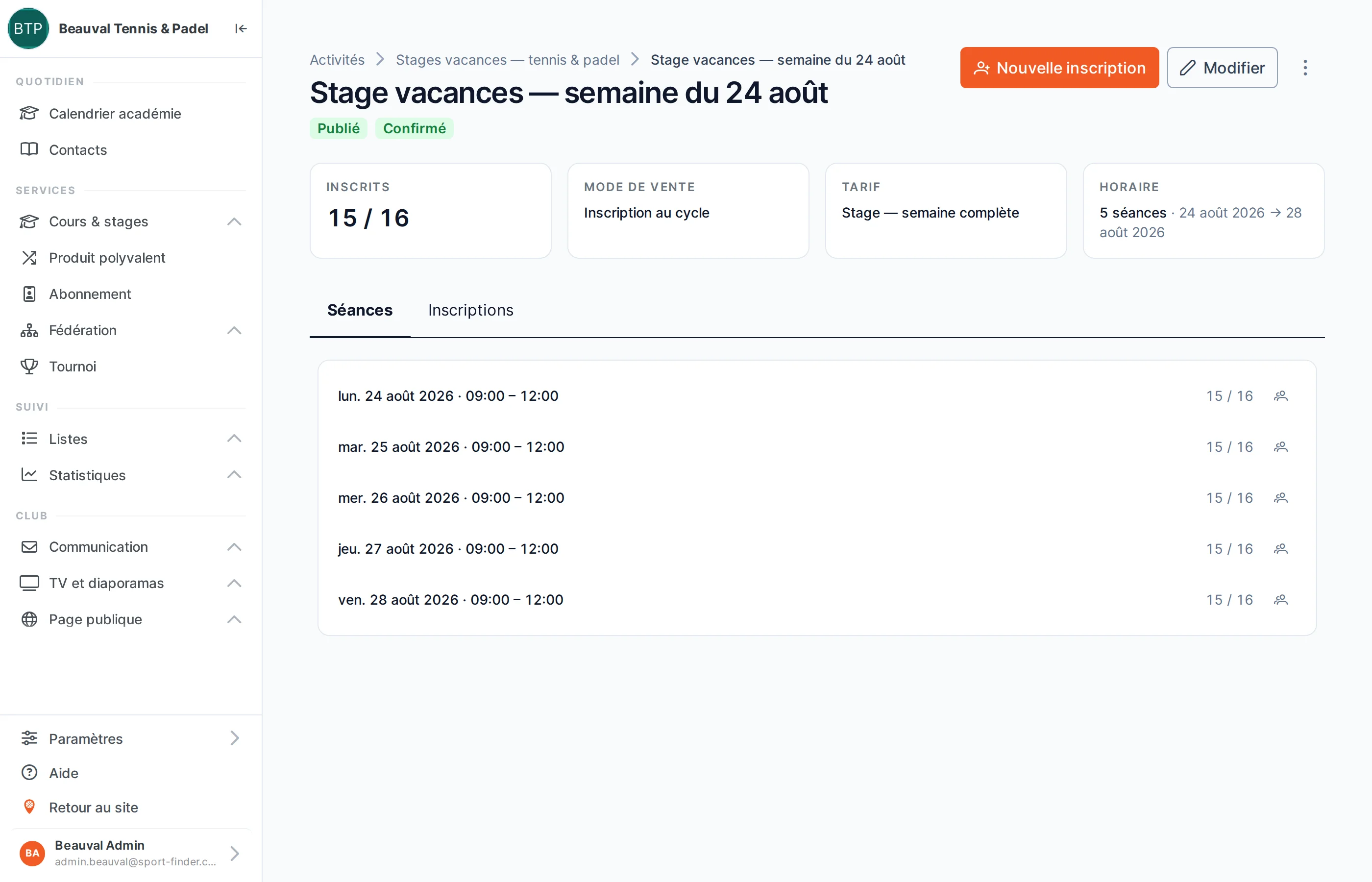 La fiche d'un groupe dans SportFinder : 15 inscrits sur 16, mode de vente, tarif, et les cinq séances datées du stage