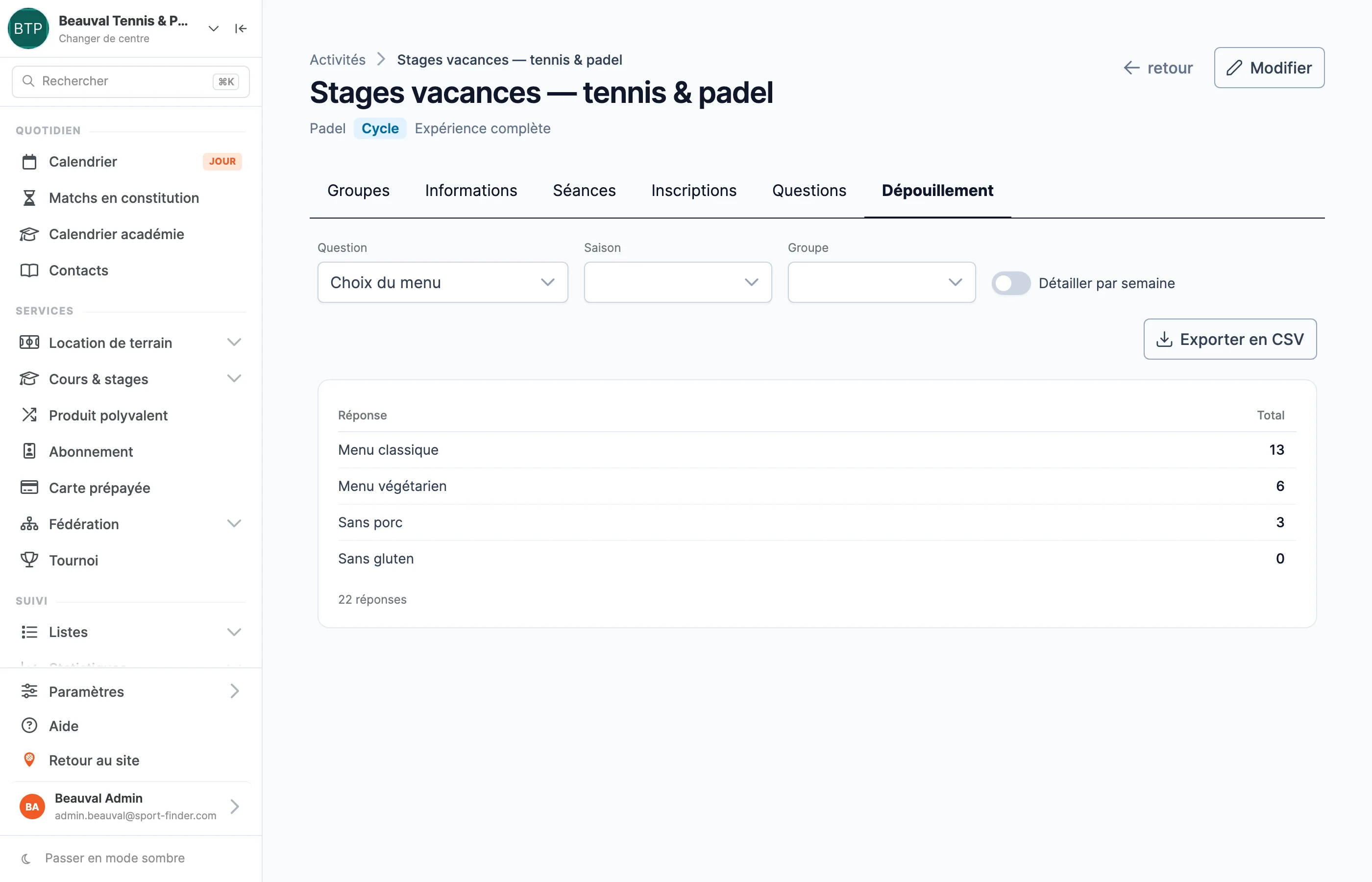 Le dépouillement d'une question dans SportFinder : les menus choisis par les participants d'un stage, comptés par type, avec un export CSV