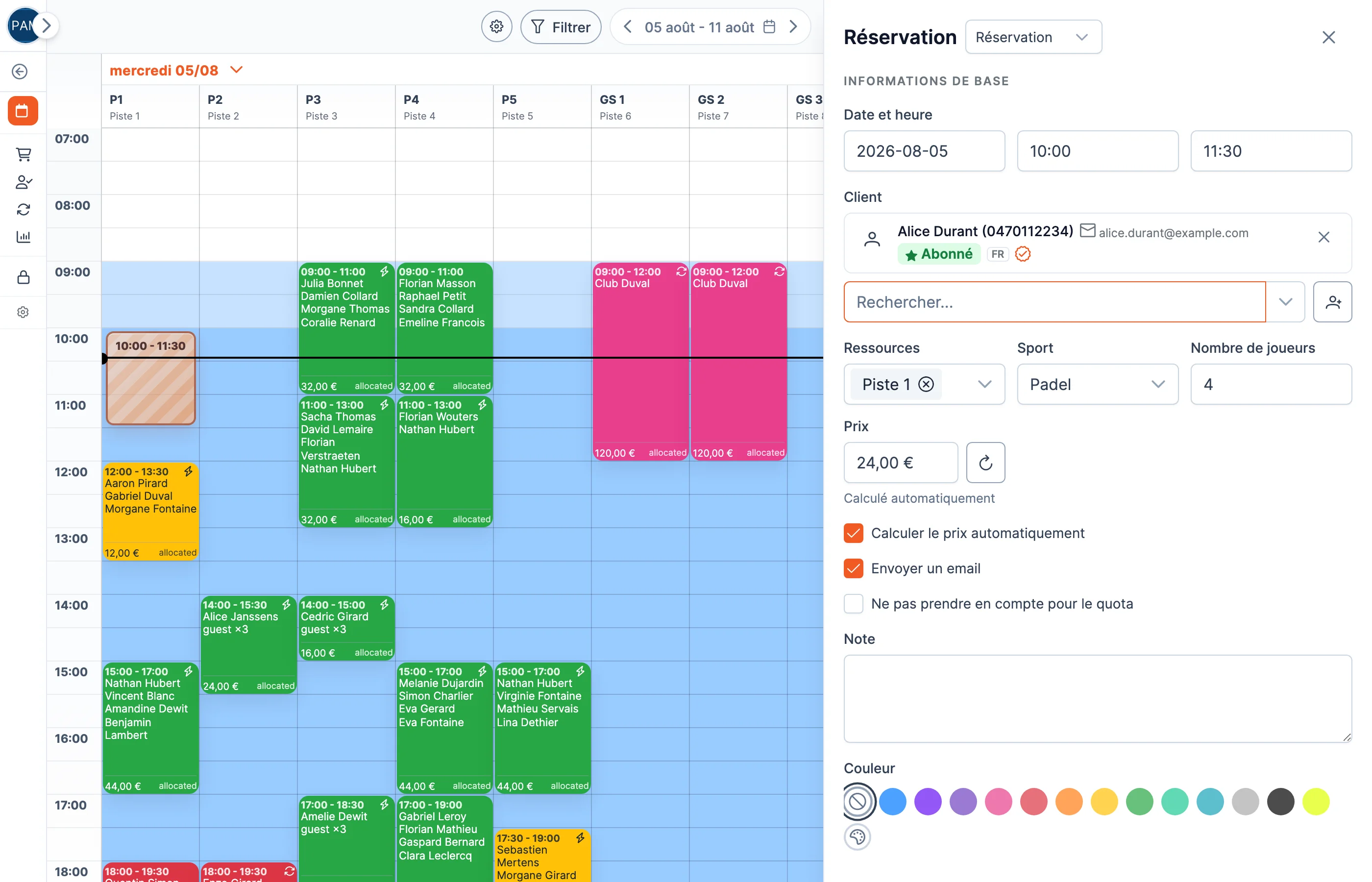Le panneau de création de réservation du back-office, avec la recherche du client