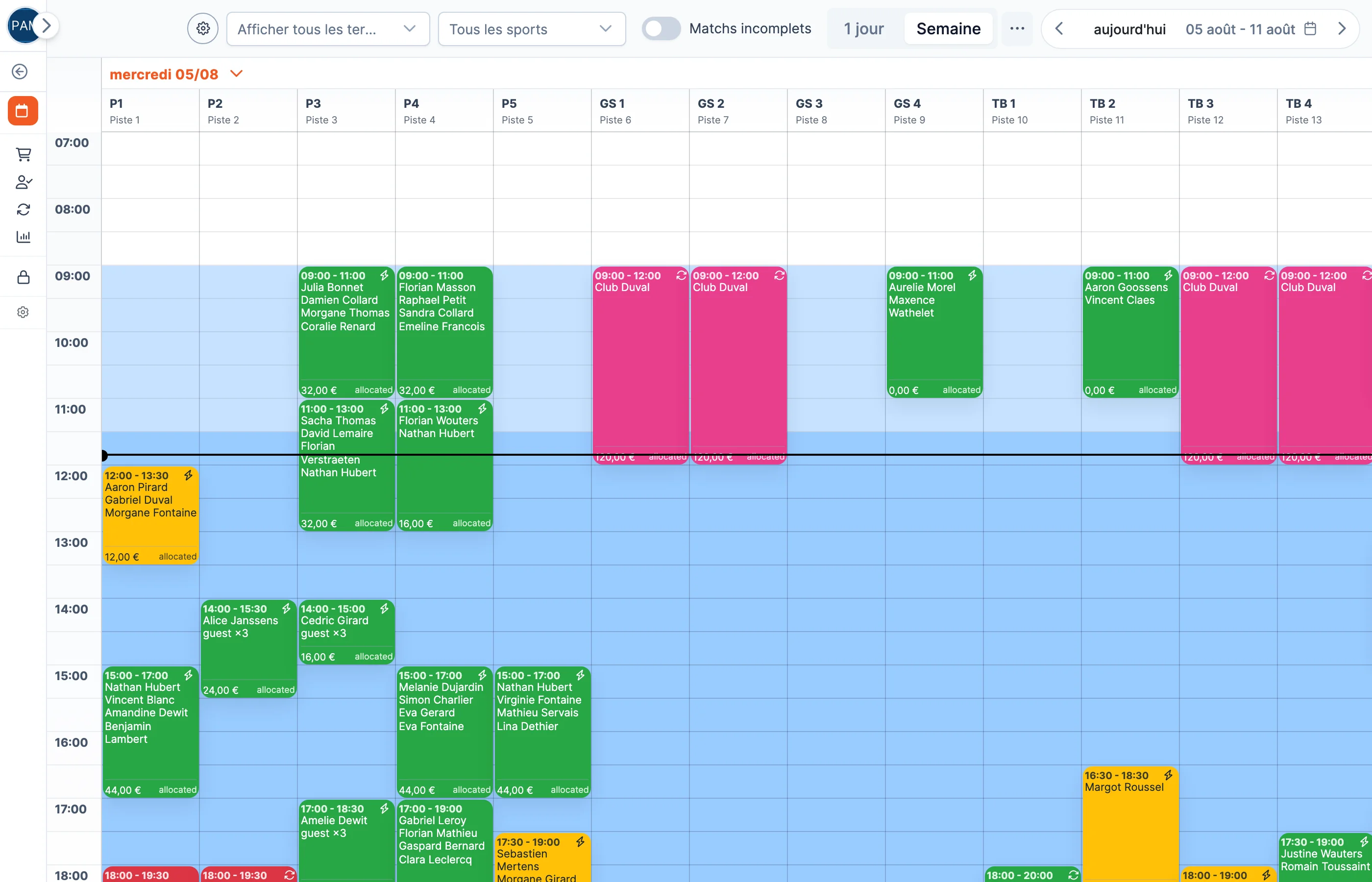 Le calendrier du back-office SportFinder en vue hebdomadaire
