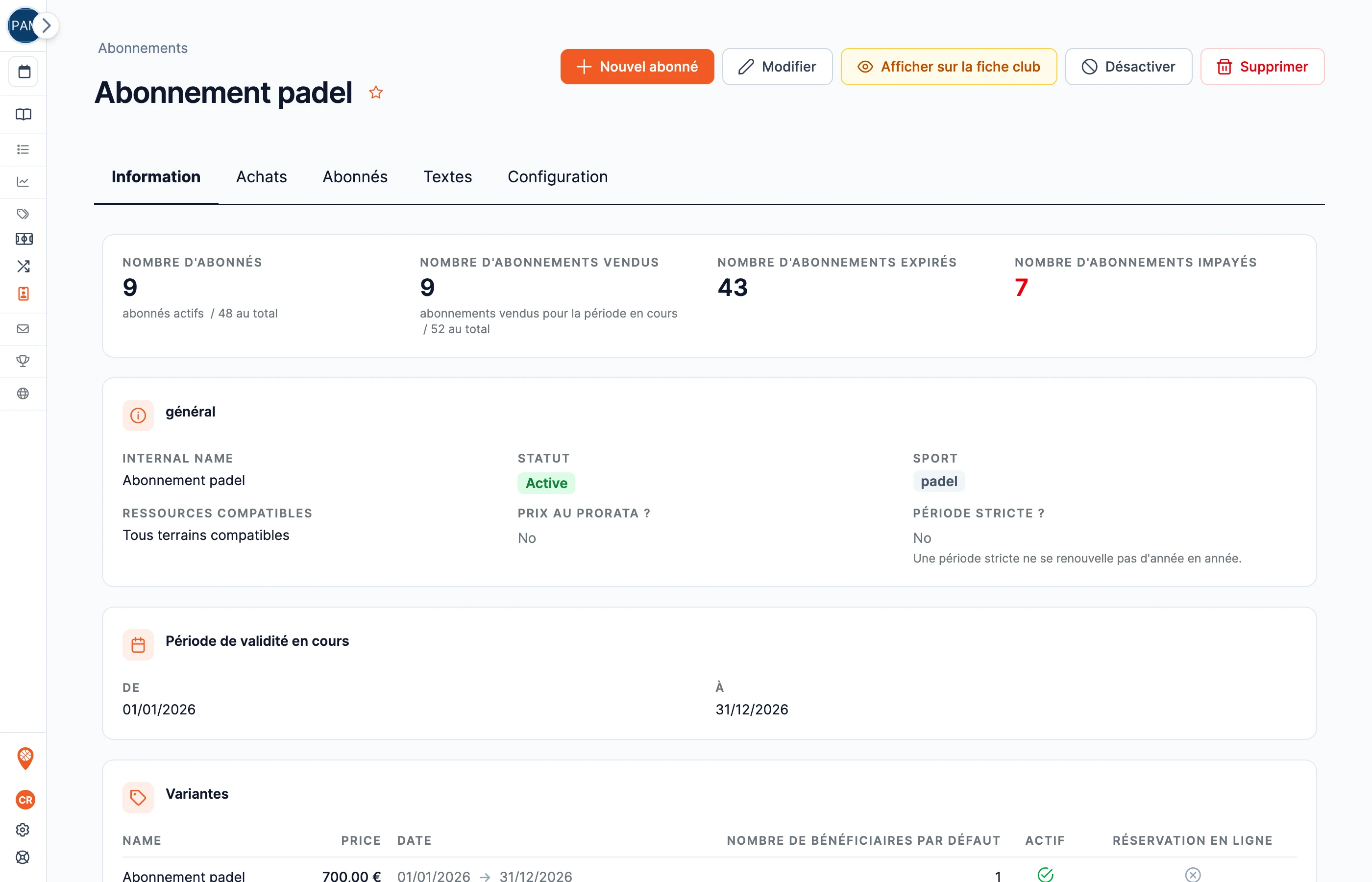 La fiche d'un abonnement dans le back-office : formules, tarifs et abonnés