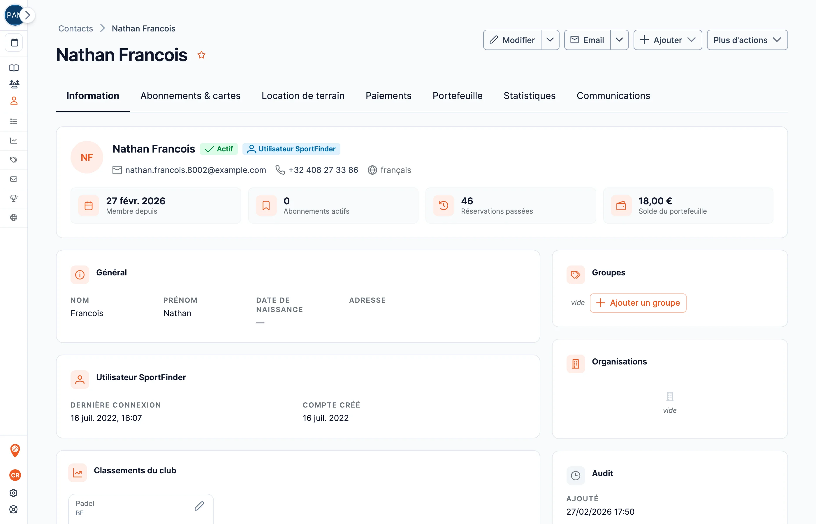 Une fiche client du back-office SportFinder : niveau, réservations, abonnements et statistiques