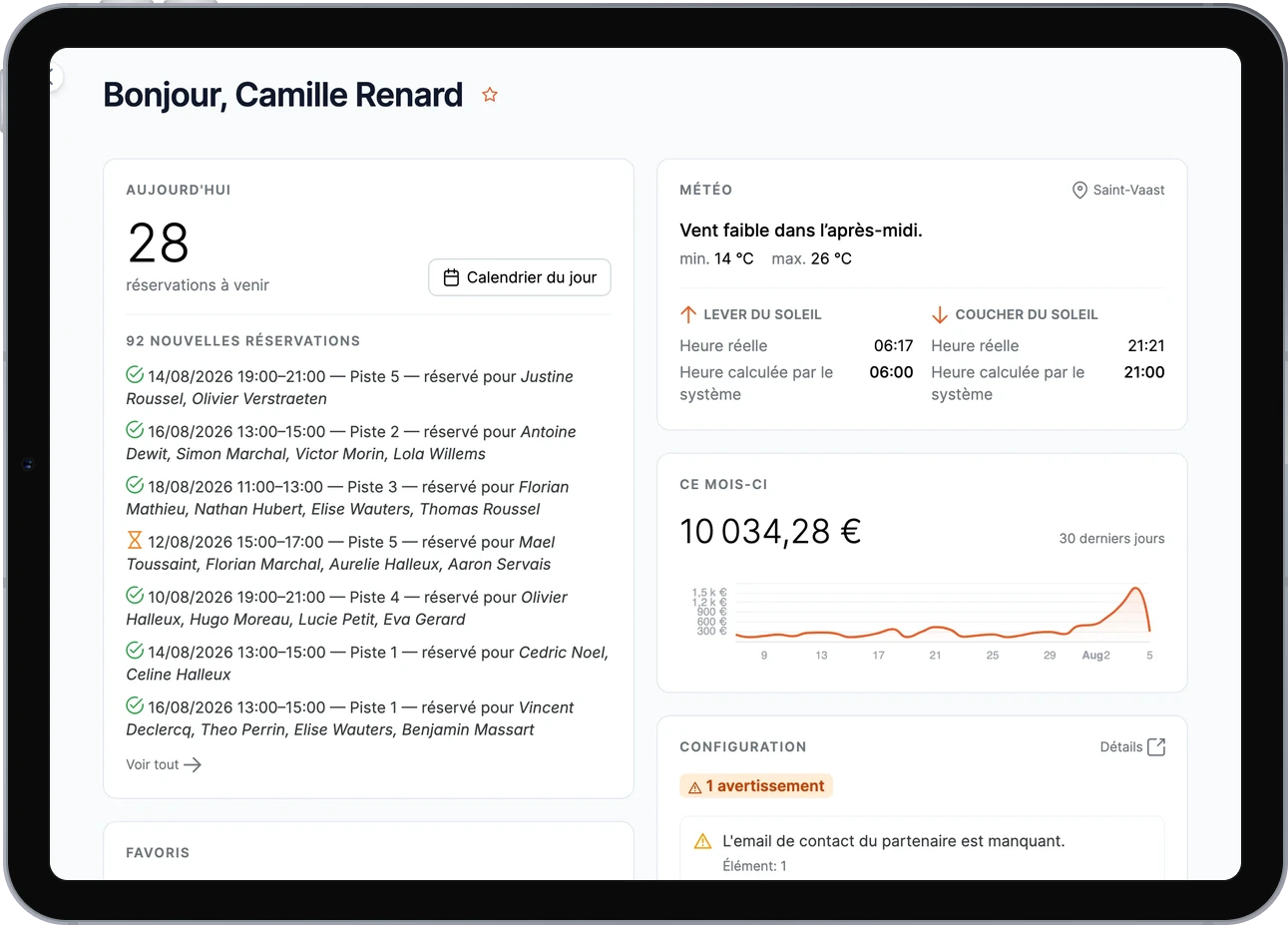 Le back-office SportFinder sur iPad : tableau de bord avec les réservations à venir et le chiffre d'affaires du mois