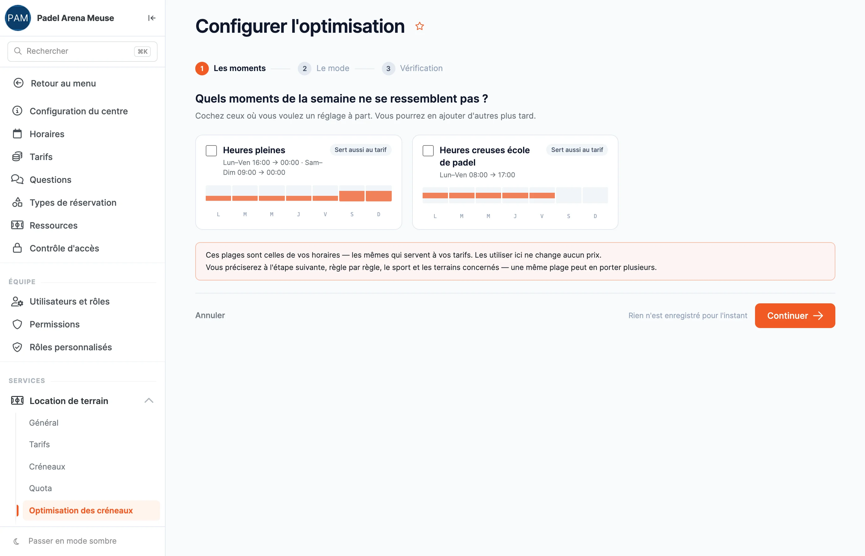 Première étape de l'assistant d'optimisation : le choix des moments de la semaine, ici les heures pleines et les heures creuses, avec leur grille horaire