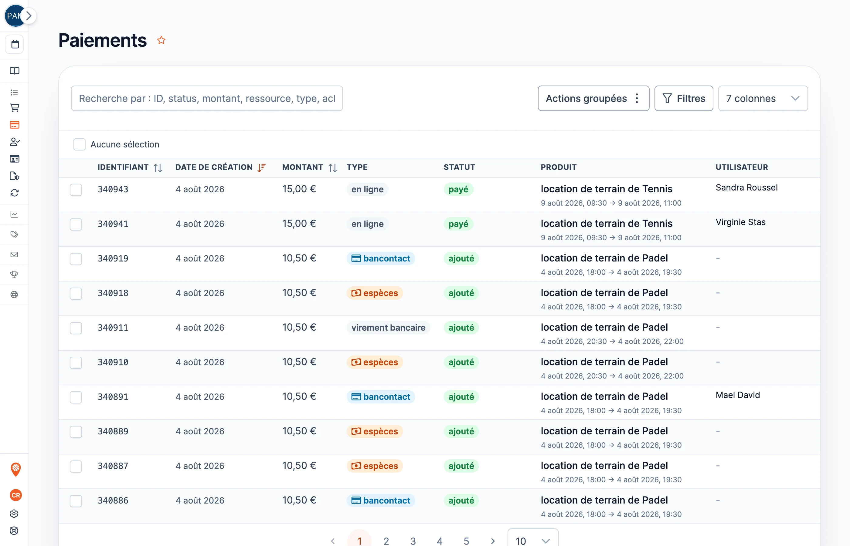 La liste des paiements du back-office SportFinder