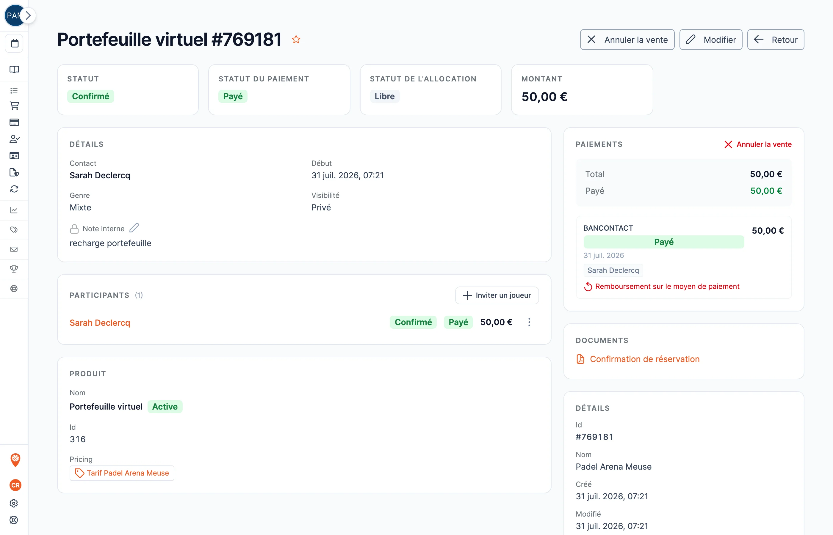 La fiche détaillée d’une vente dans le back-office SportFinder