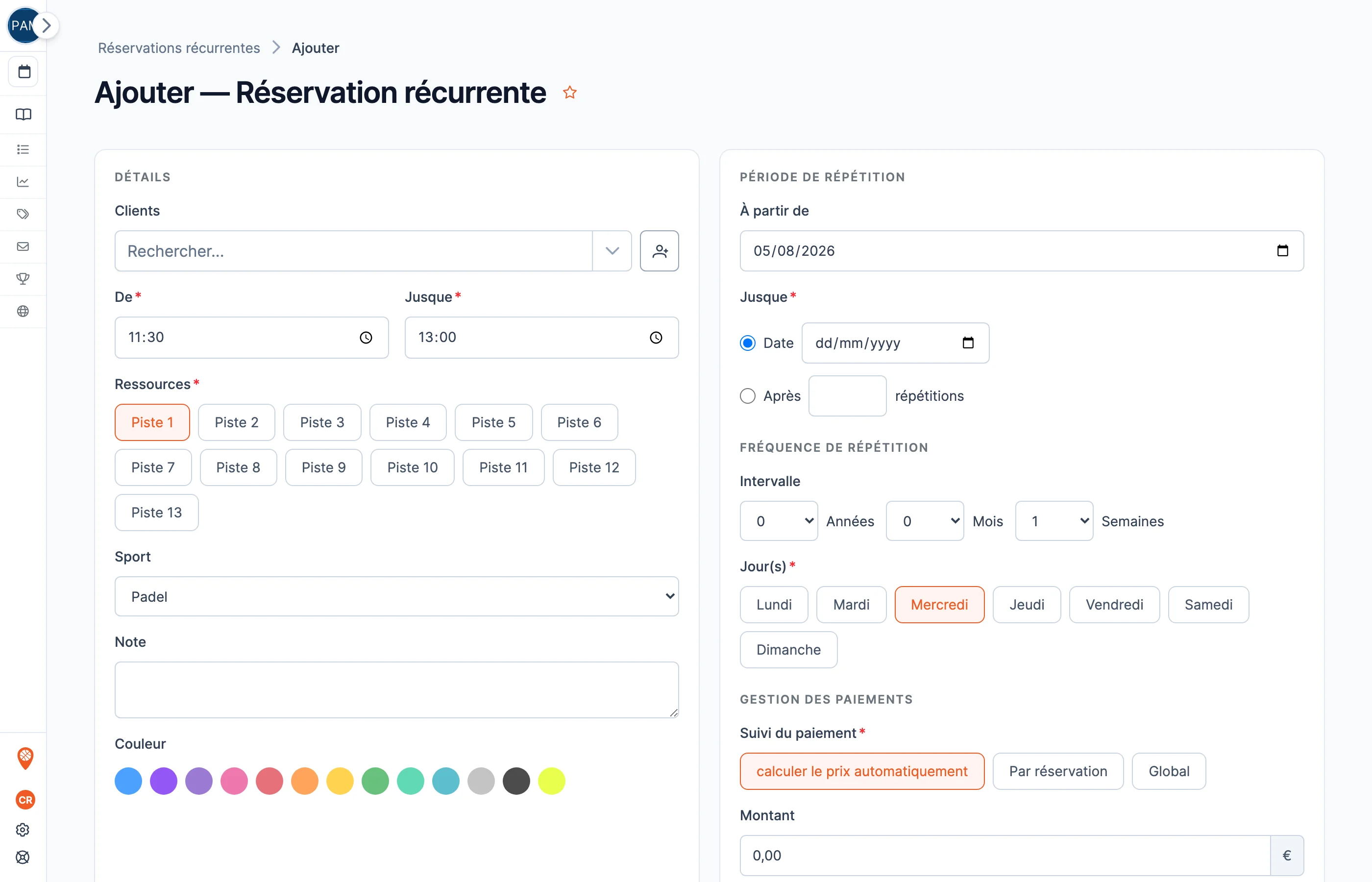 Le formulaire de création d’une réservation récurrente dans le back-office