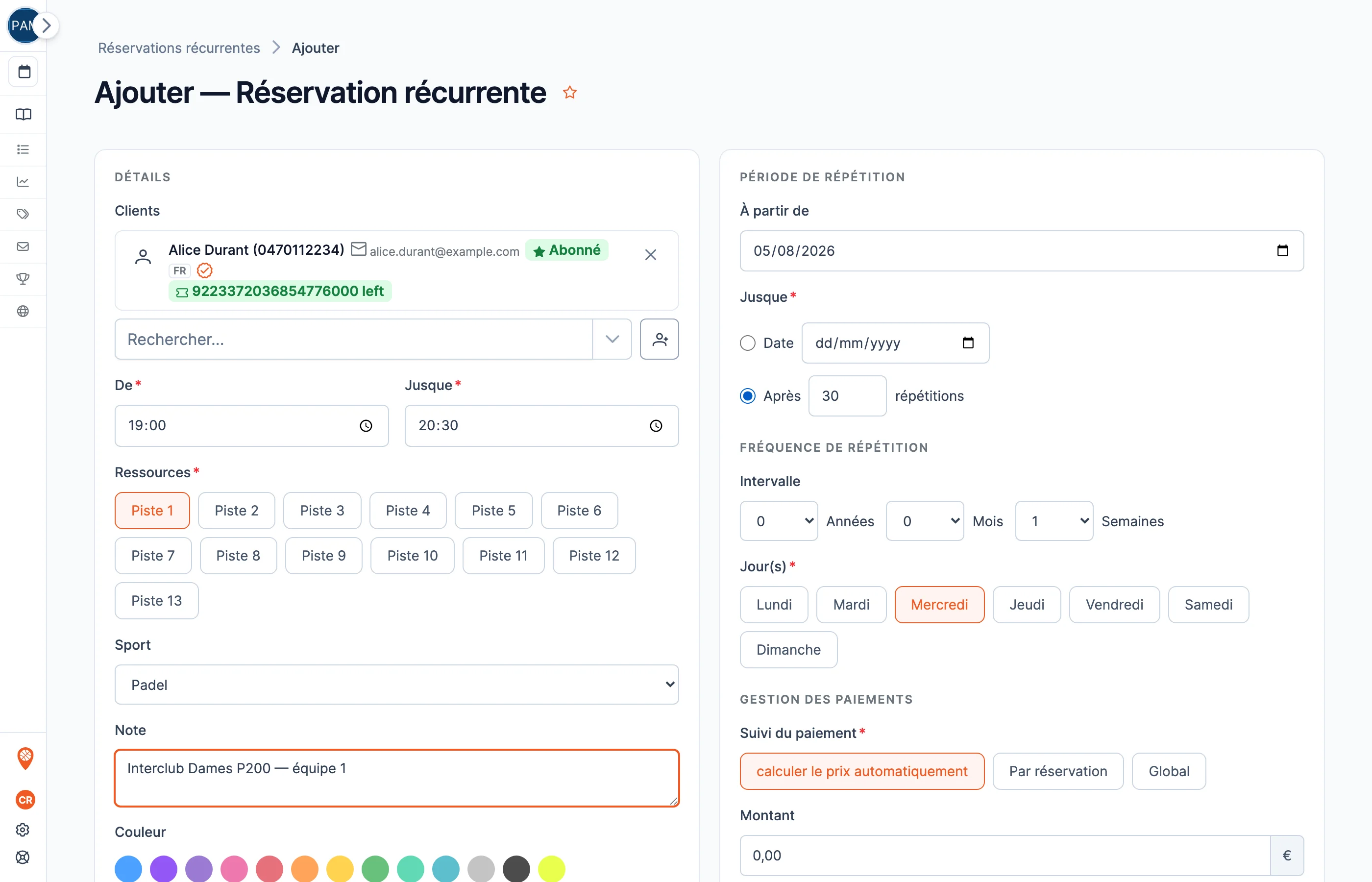 Le formulaire de création d’une réservation récurrente dans le back-office : jour, heure, terrain et période