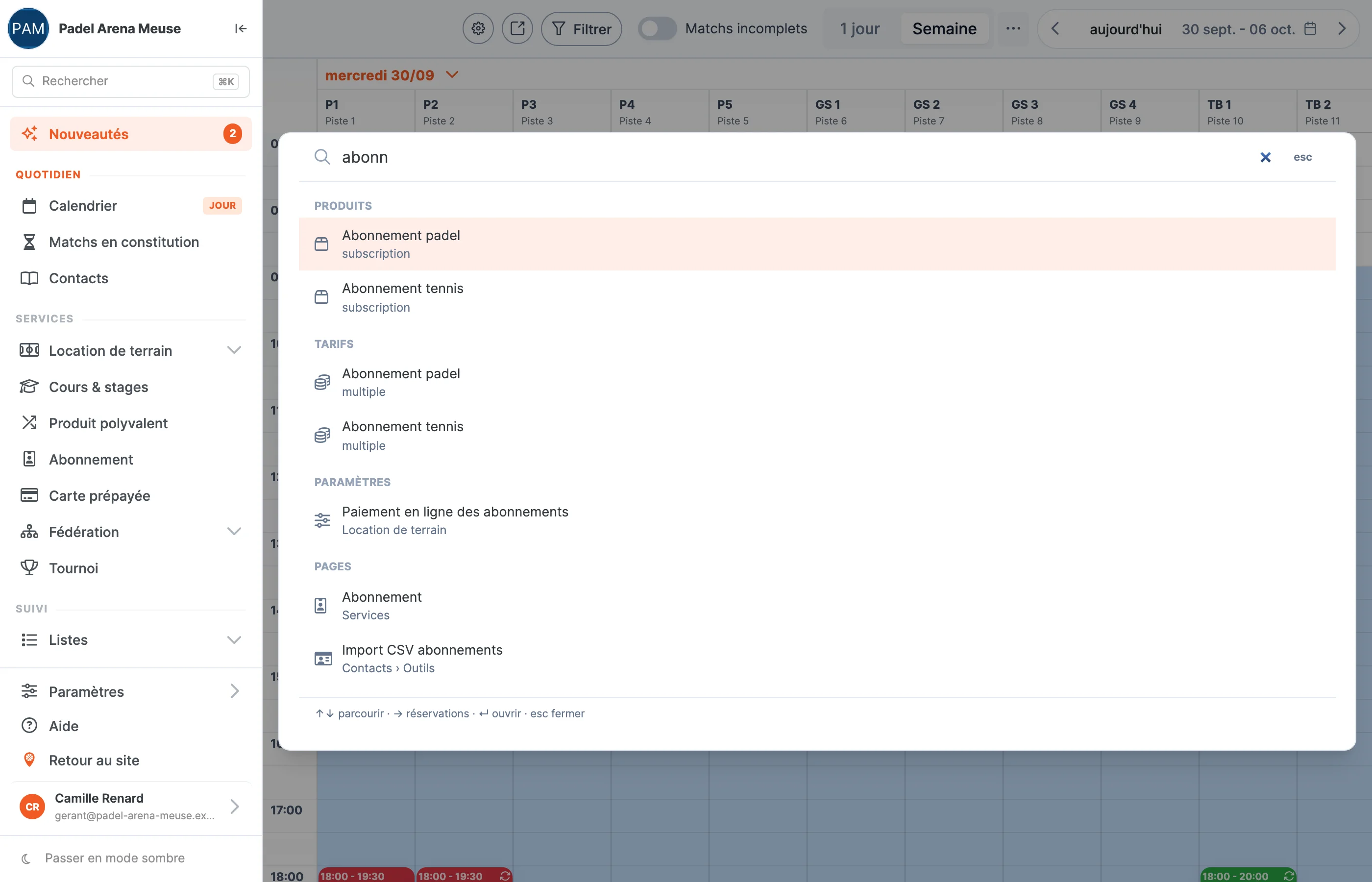 La barre de recherche du back-office SportFinder ouverte sur le calendrier : en tapant « abonn », elle propose des produits, des tarifs, un paramètre de réservation et des pages