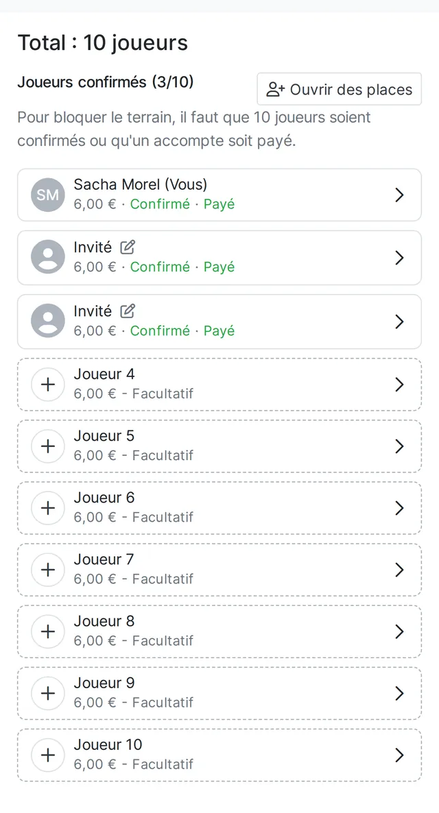 Foot à cinq dans SportFinder : la partie se répartit entre dix joueurs à 6 € chacun, les places confirmées d'un côté, les places à compléter de l'autre, et un bouton pour ouvrir des places aux autres joueurs