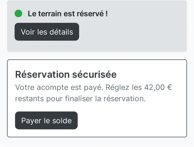 Après l'acompte : le terrain est réservé, il reste 42 € de solde à régler pour finaliser