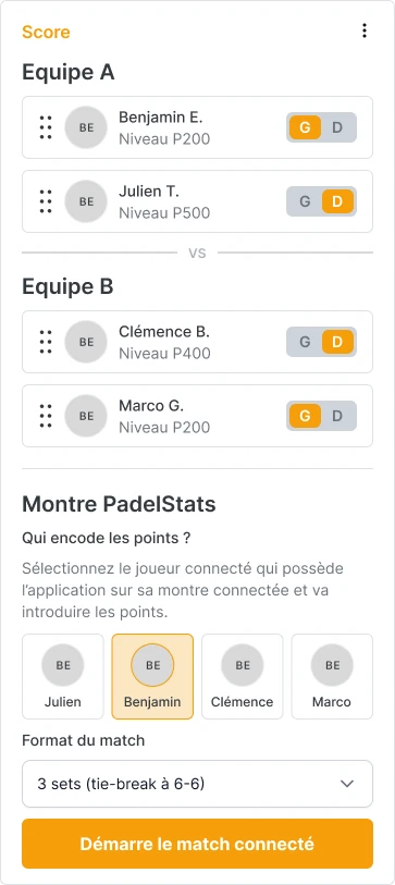 Écran de configuration du match connecté dans SportFinder : les deux équipes avec les niveaux des joueurs, le choix du côté, le joueur qui encode depuis sa montre et le format du match