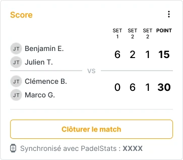 Carte Score dans la réservation SportFinder : le détail des sets et des points des deux équipes, le bouton de clôture du match et le numéro de synchronisation