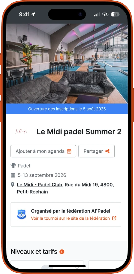 La fiche d'un tournoi de padel sur un iPhone : dates, club organisateur, fédération, niveaux et ouverture des inscriptions