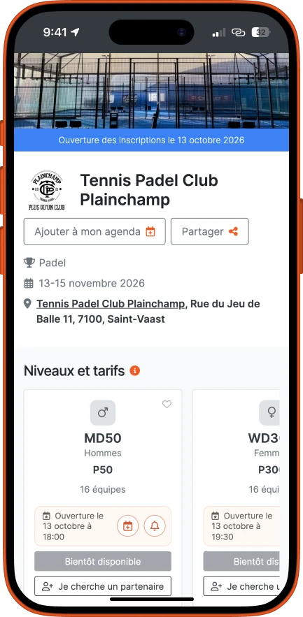 La fiche du tournoi du Tennis Padel Club Plainchamp sur un iPhone : dates, niveaux, tarifs et ouverture des inscriptions