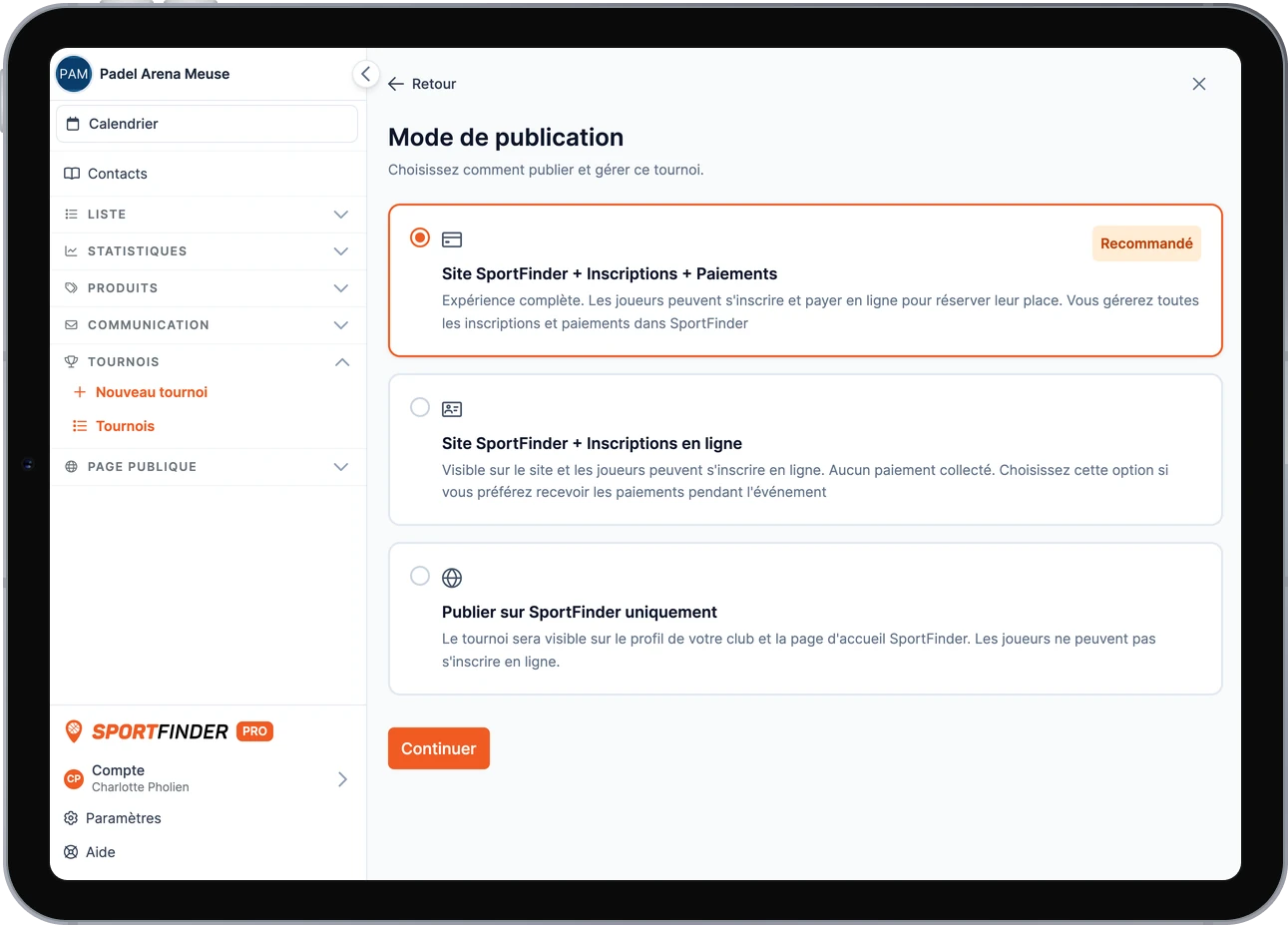 Le choix du mode de publication d'un tournoi dans le back-office SportFinder