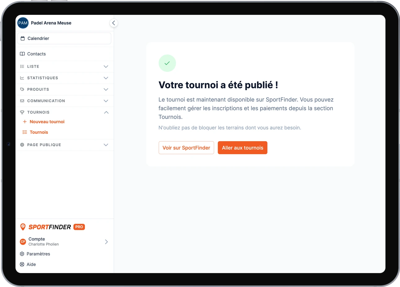 La confirmation de publication du tournoi dans le back-office